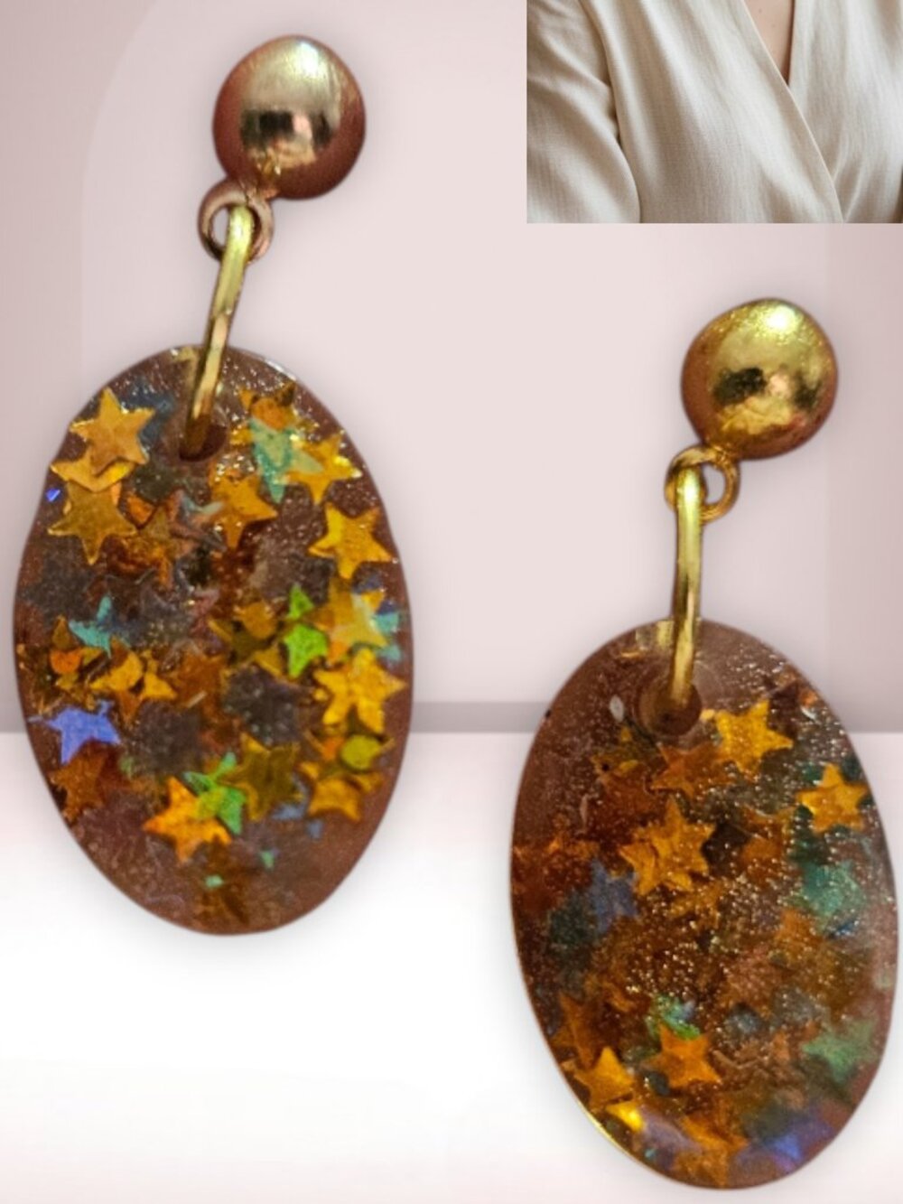 ⭐Copper Resin Oval Stud Dangle Style with Gold Star Inlay 1" Long Handmade
